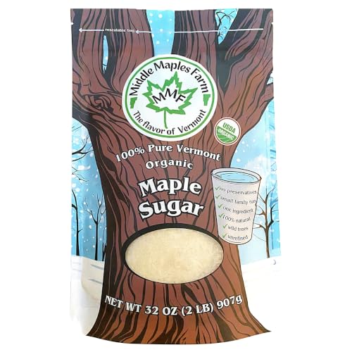 Vermont Pure Powdered Granulated Organic Maple Sugar, Good Cause, Made in the USA, from Middle Maples Farm - 2lb resealable pouch, Raw, Unrefined, Non-GMO, Gluten Free, Nut-Free, No Preservatives, Vegan, No Additives - Great for Desserts, Baking, Dusting, in Oatmeal, and in Dry Seasoning Rubs - Made with Darker Grade A Maple Syrup for Exceptional Flavor.