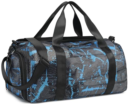 Image of CAMTOP Kids Duffle Bag for Travel Mesh Small Overnight Weekender Sleepover bag Carry On Dance Sport Bag with Shoe Compartment & Wet pocket for Swim Beach Camp Travel (Graffiti Blue)