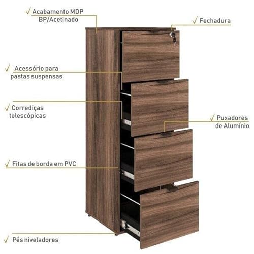 Gaveteiro Arquivo 4 Gavetas para Pastas Suspensas Kuaq40 Kuadra