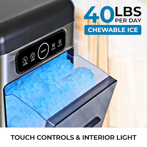 Image of Kenmore Countertop Ice Maker Nugget Machine - Portable Self-Cleaning Maquina de Hacer Hielo para Casa, Crunchy Chewable Pebble Ice, 40lb /24hr Capacity, Stainless Steel