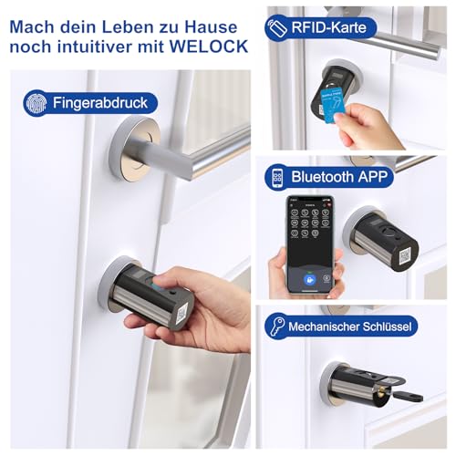 WELOCK TOUCH74 Elektronisches Türschloss Fingerabdruck mit RFID Karte,APP und WiFi(Benötige wifibox),Fingerprint Schloss Haustür IP65,Schließzylinder für Türen von 65-85mm,Smart Lock,Schwarz
