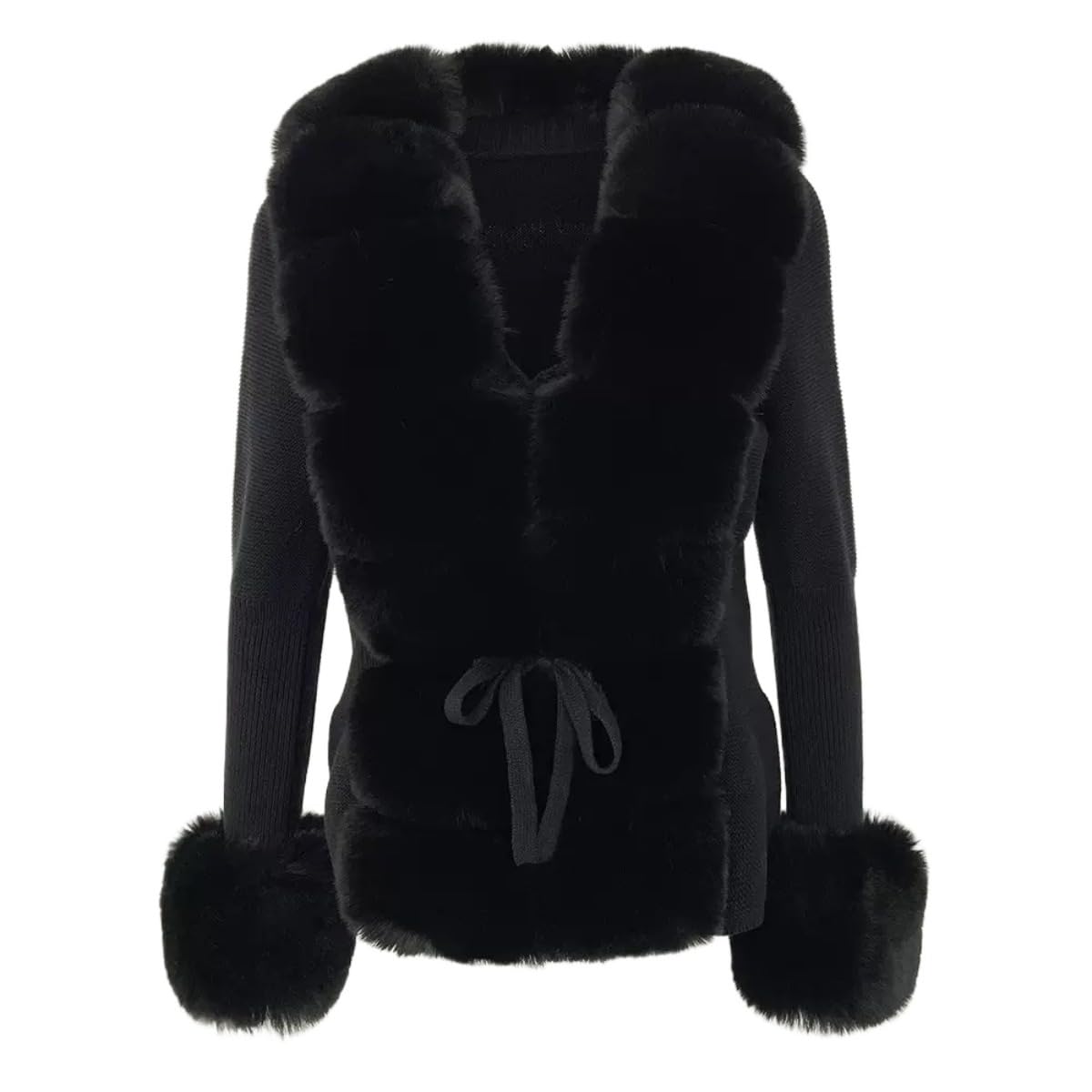 Women Faux Fur Knit Cardigan Loose V Neck Long Sleeves Thicken Coats Chic Solid Outwears