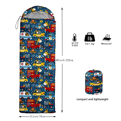 Bolsa de dormir infantil para niños y niñas, estampado de autos y animales, ligera, cálida, portátil, impermeable, resistente al frío para camping y senderismo (Autos) miniatura 3