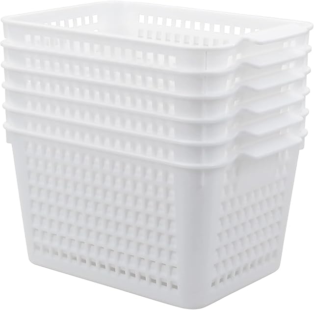 Yesdate Set of 6 Plastic Storage Basket Bin, Organizing Pantry Storage Shelf Baskets, White