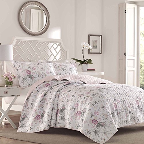 Laura Ashley Home Breezy Floral Quilt Set, Full/Queen, Pink/Gray