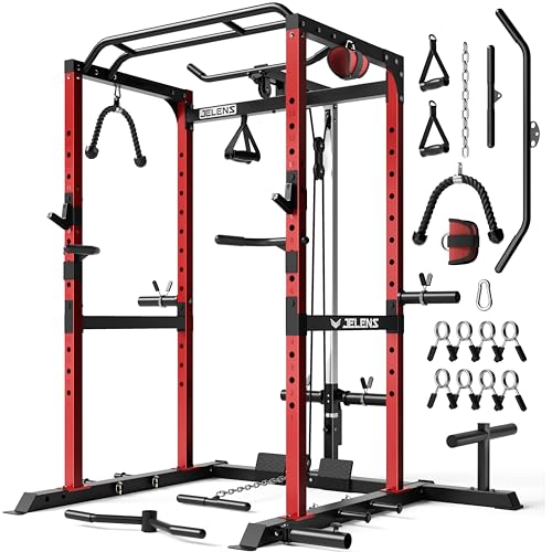 JELENS S21 Power Cage Multi-Function Power Rack with Adjustable Cable Crossover System 2000LBS Squat Rack for Home Gym with More Training Attachments (Red 0823BK-05)