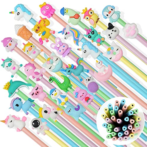 AUAUY Set med HB 2-pennor, 36 st. roliga pennor i trä med penndekorationer i tecknad seriestil, grafitpennor, skisspennor för barn, presentidé, belöningsmaterial för skola, kontor, klassrum och fest