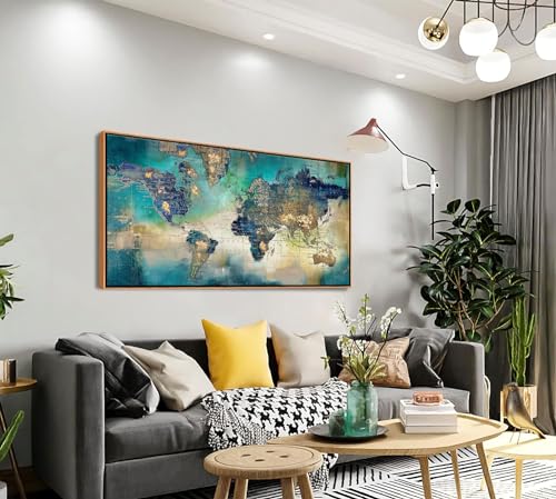 Image of Large World Map Canvas Prints Framed Wall Art for Living Room Office 24x48 Green World Map Picture Artwork Decor for Home Decoration(With Soild Wood Dark Framed)