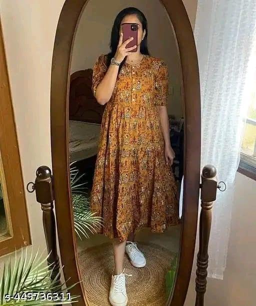Image of Women's Rayon A-Line Midi Dress, Floral Print, Short Sleeves, Round Neck, Tiered Design