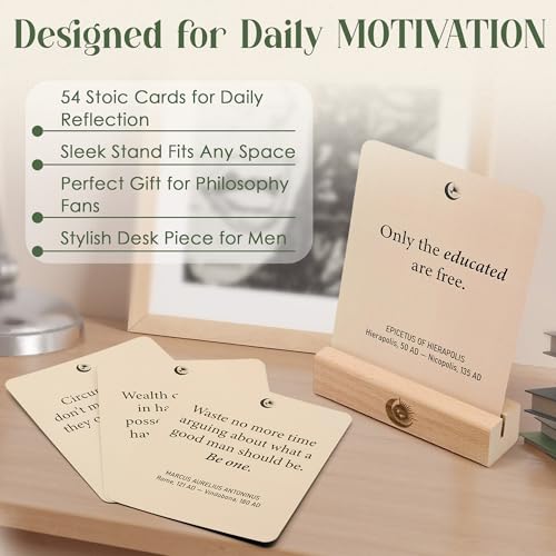 Image of The Stoic Blueprint - 54 Daily Stoic Motivational Cards with Display Stand and Journal Prompts - Personal Growth & Mindfulness Gift for Men and Women - Inspirational Quotes for Desk, Office, or Home Decor