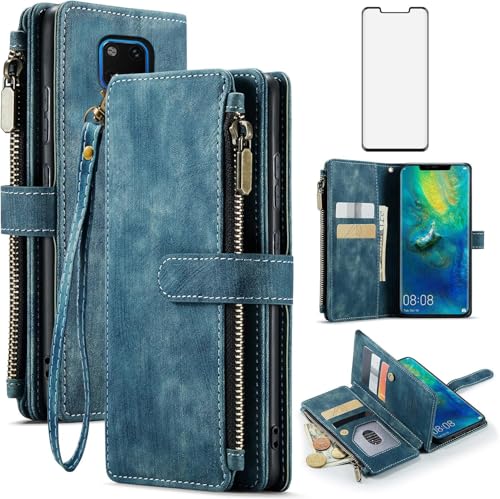 Coque Huawei Mate 20 Pro portefeuille en cuir bleu avec protège-écran verre trempé