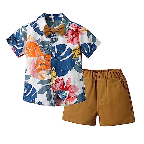 Image of Toddler Baby Boy Summer Clothes Set Floral Shirt Bow-tie Shorts Hawaiian Outfit