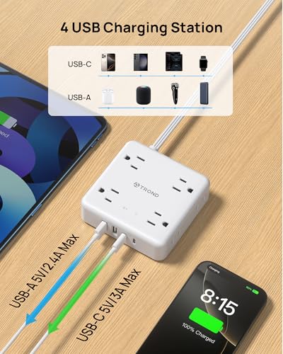 Image of TROND 360 Rotating Flat Plug Power Strip, 10FT Flat Extension Cord with Multiple Outlets 4 USB (2 USB C), Wall Mount Surge Protector 1440 Joules for Home Office Travel Dorm Room Essentials, White