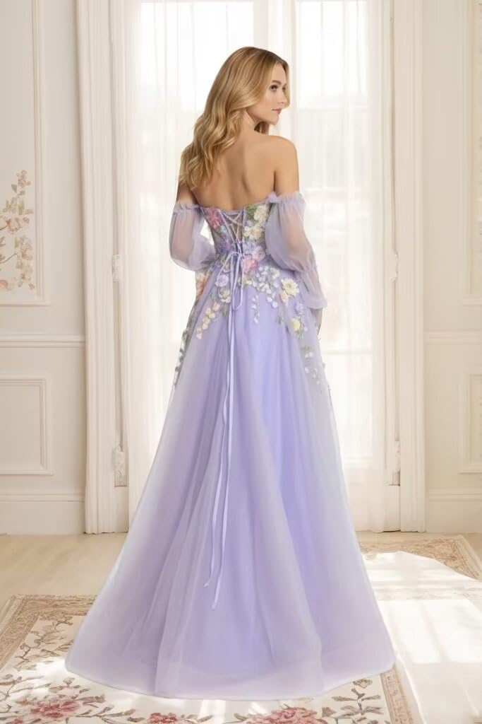 3D Floral Prom Dresses for Women 2026 Off-Shoulder Tulle Evening Dresses Formal Party Gown Dresses with High Split