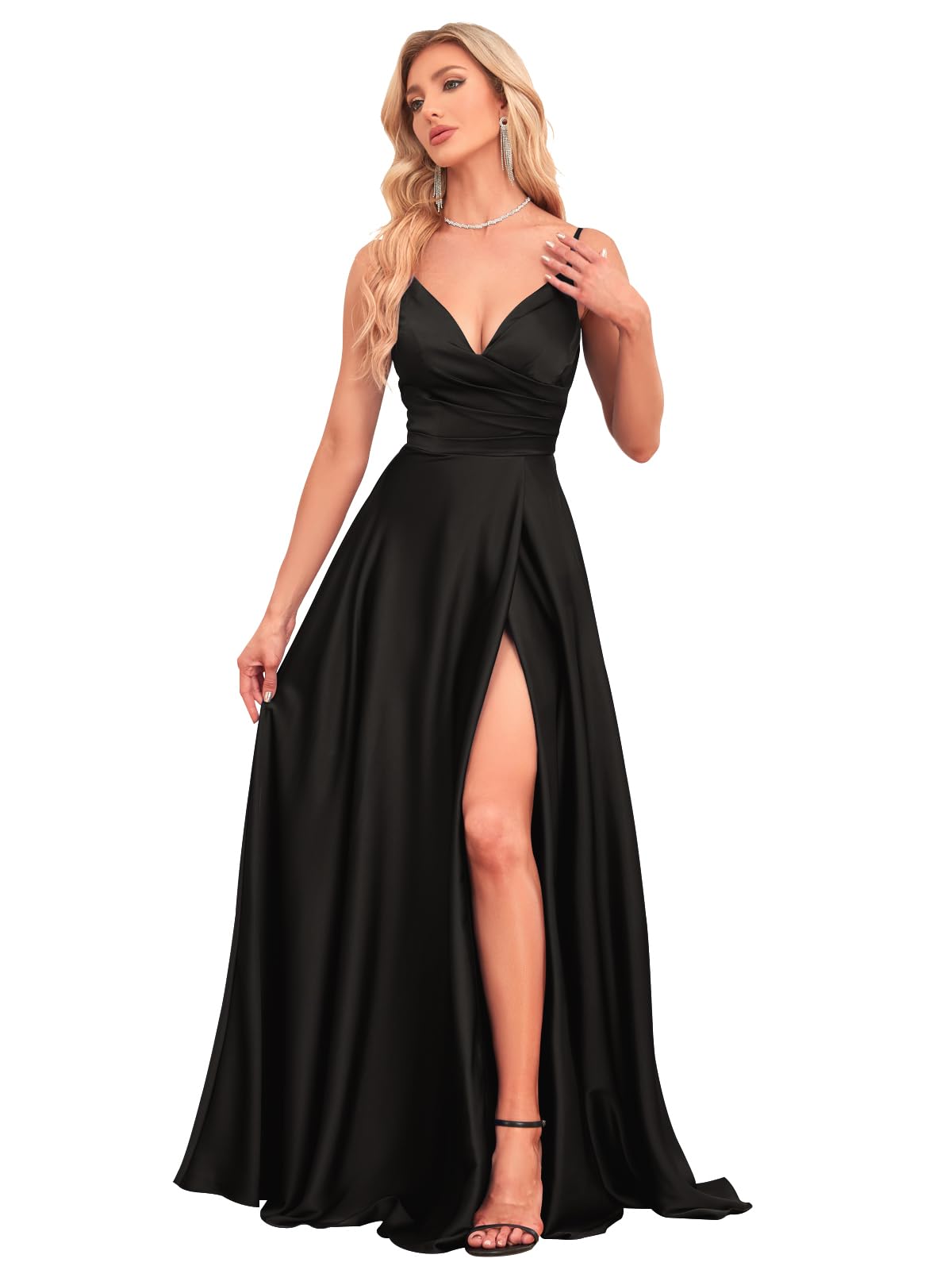 V Neck Satin Prom Dresses with Slit Long A line Formal Bridesmaid Dresses for Women BDL004