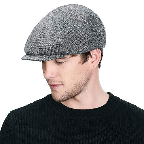 Jeff & Aimy Mens Winter Wool Blend Herringbone Tweed Flat Newsboy Cap Fashion Irish Gatsby Ivy Cabbie Golf Driving Hat 57-59CM Black