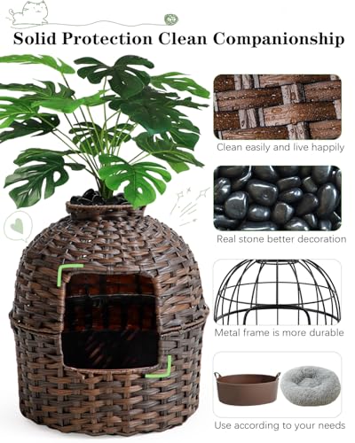 Image of SETVSON Cat Litter Box Plant Furniture Enclosure, Hidden Handwoven Rattan with Cat Litter Box and Artificial Plants, Odor Control Filter, Real Stones in Living Room, Bedroom, Corner (Brown)
