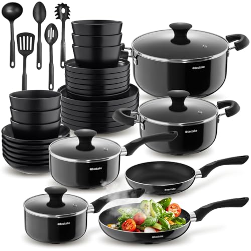 tectake®, Set cucina completo, 39 pezzi, set servizio piatti 6 persone, moderni, adatti al microonde, 6 ciotole, 18 piatti eleganti, 2 pentole, casseruole, padelle antiaderenti, coperchi - Nero