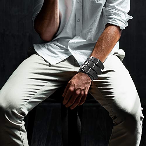 FIBO STEEL Mens Leather Wide Band Handmade Triple Strap Cuff Medieval Wrap Gauntlet Wristband Buckle Fastening Arm Armor Cuff4