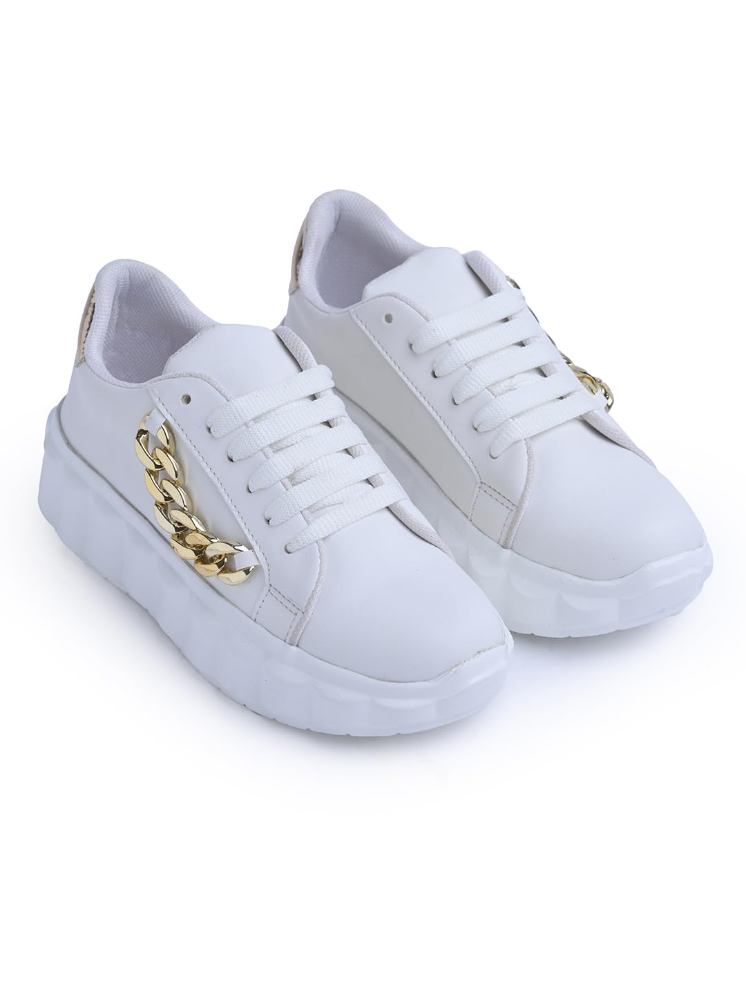 Froh Feet Women's Chunky Platform Sneakers Stylish Lace-up Casual Shoes Comfortable Stylish with Golden Chain Detailing and Bold Sole Design-image-13