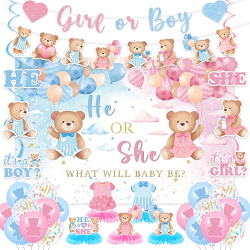44 Pcs Teddy Bear Gender Reveal Decorations Kit, He or She What Will It Be Backdrop, Hanging Swirls, Balloons & Honeycomb Centerpieces, Blue & Pink Bear Theme Baby Shower Party Supplies