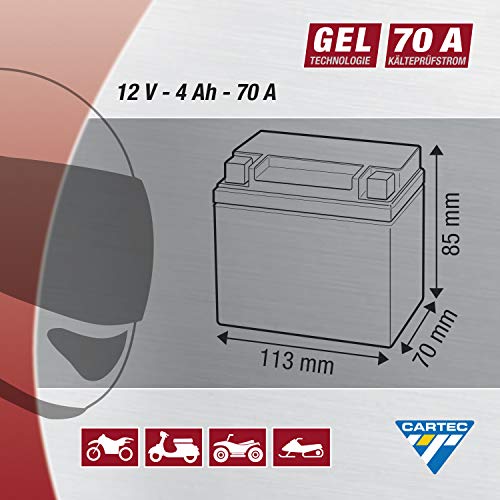 Motorradbatterie Cartec YTX4L-BS, 4Ah, 70A, Gel-Technologie