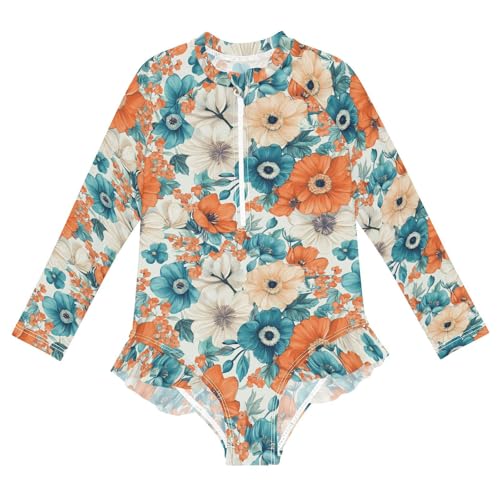 Girls Swimsuit Long Sleeve Bohemian Flowers Turquoise Coral Rashguard Swimsuits for Girls Kids Bathing Suit