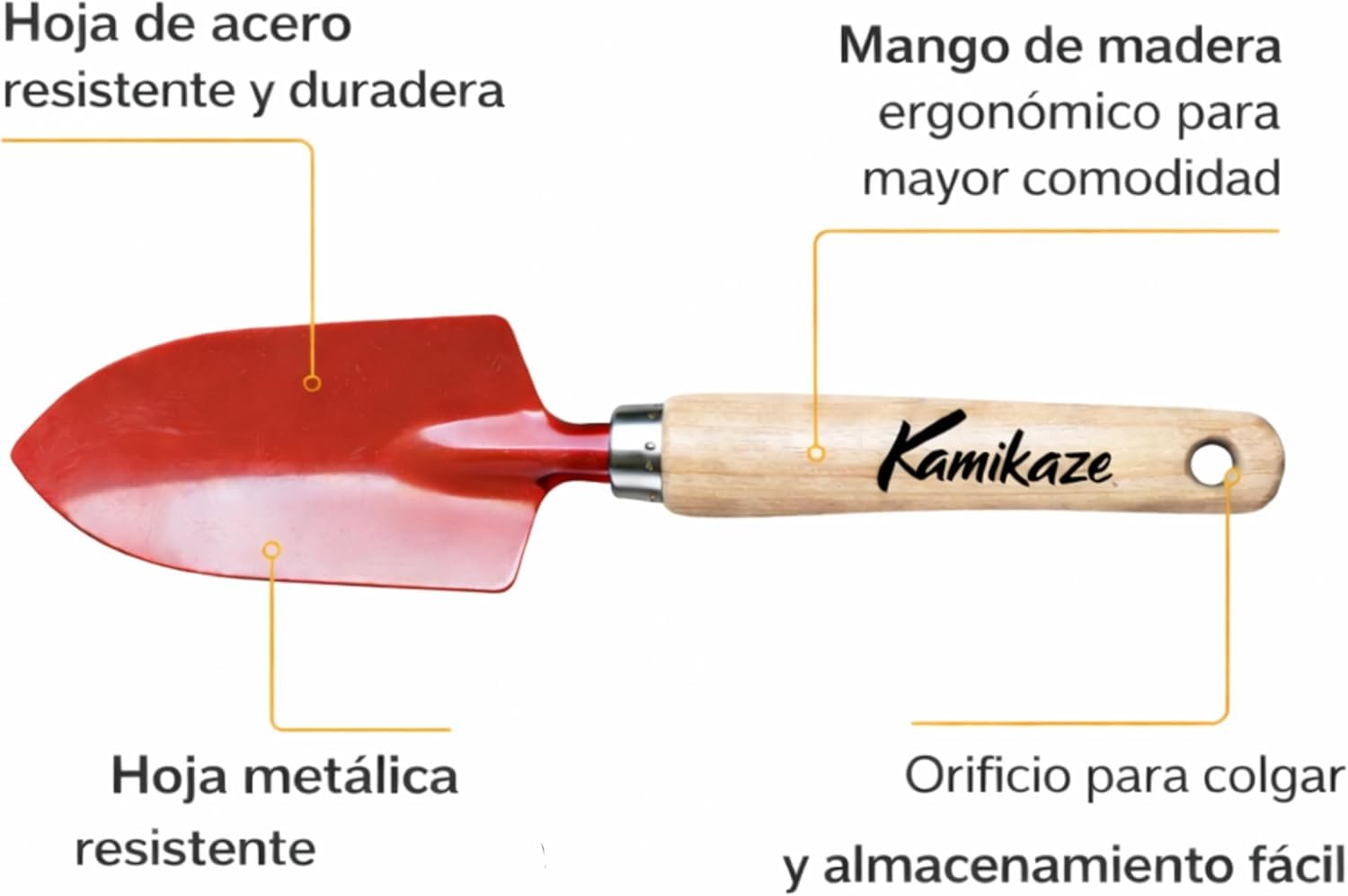 KAMIKAZE Kit Plantación Jardín: Plantadora Manual para Bulbos con Doble Asa y Liberación Automática + Pala de Mano Excavadora con Mango de Madera, Acero Resistente con Pintura Epoxy