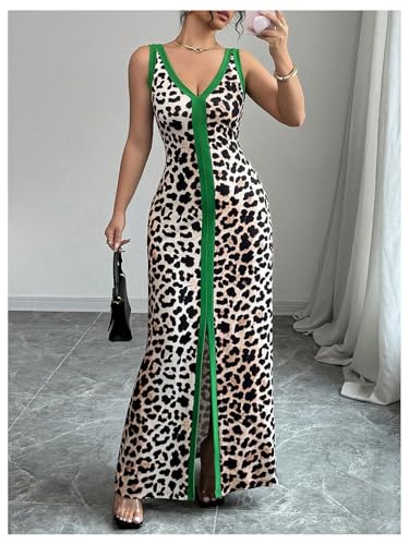 GORGLITTER Women's Leopard Cheetah Maxi Dress Animal Print High Slit V Neck Long Dresses4