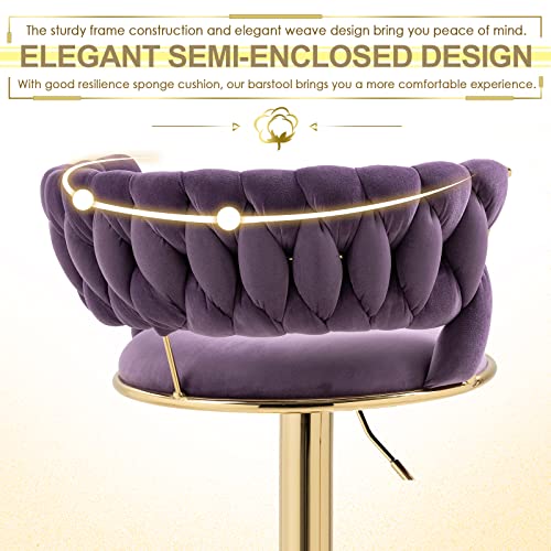 Kinffict Velvet Swivel Bar Stools Set Of 2, Adjustable Counter Height Bar Stool With Woven Back, Upholstered Kitchen Dining Chairs, Modern Barstools For Kitchen Island, Cafe, Pub, Bar Counter(Purple) #TOP4
