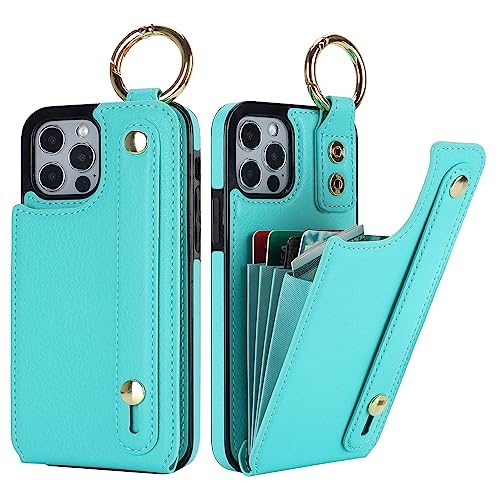 Folosu for iPhone 12/12 Pro Wallet Case with Card Holder, Hand Wrist Strap Loop Holder Kickstand, RFID Blocking Finger Grip Ring PU Leather Double Buttons Shockproof Cover 6.1