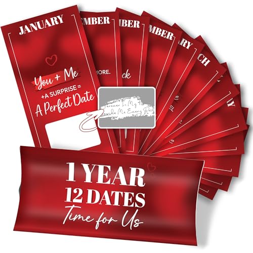 DIY 1 Year 12 Dates Gifts For Him - Make Your Own Scratch Off Date Ideas Gift For Couple, Him, Her, Boyfriend, Girlfriend, Husband, Wife, Fiance, Sentimental, Cool Gifts Valentines Stocking Stuffers