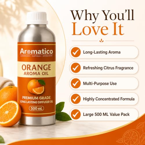 Image of AROMATICO Orange Diffuser Oil with Strong, Long-Lasting Aroma for Homes, Offices & Showrooms | Aromatherapy, Diffusers, Air Purifiers, Vaporizers - 500 ml