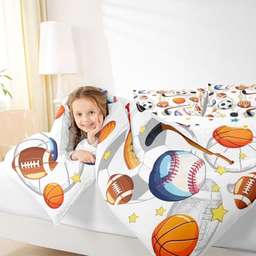 Image of Feelyou Soccer Basketball Comforter Set King Size Football Baseball Hockey Bedding Set for Kids Boys Girls Gaming Sports Duvet Quilt Bedroom Decor Microfiber 3 Pcs with 2 Pillow Cases