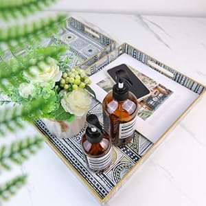 2 Pack Boho Decorative Trays with Handles Modern Serving Trays for Coffee Table Living Room Kitchen Home Decor Black