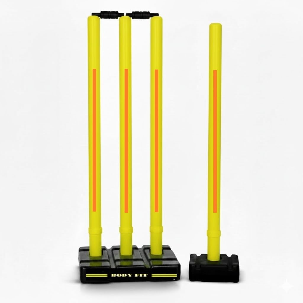 Bodyfit Heavy Cricket Stumps | PVC Wickets Set with 4 Stumps + 2 Bails + 2 Stands | Full Size Wickets for Cricket Ground, Tournament Wicket, Floro-Yello-Ora.-image-26