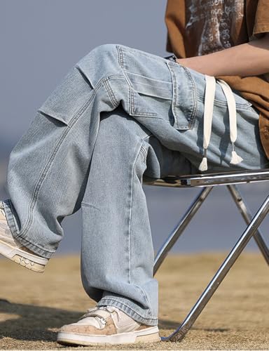 Kinghua Cargo Jeans Men Spring Fall Elastic Waist Drawstring Vintage Streetwear Trousers Baggy Denim Pants with Pockets4