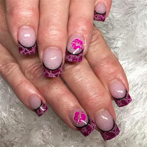 24 uñas postizas con estampado de labios, uñas acrílicas con punta francesa, uñas acrílicas para el día de San Valentín, uñas adhesivas brillantes