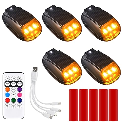 ZCCHESONG 5PCS 2026 Upgrade Wireless Solar Cab Lights for Trucks No Drill Wireless Cab Roof Marker Lights 8-Color & Remote Control Top Light Roof Running Lamp for Pickup Trucks SUV ATV