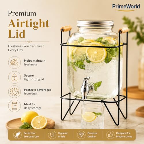Image of PrimeWorld 1 Pc 5 LTR Glass Water Beverage Dispenser with Stand - Air Tight Lid Glass Pitcher for Detox Water - Mason Jar - Counter Table Top Juice Water Beer Dispenser for Home Restaurant Party