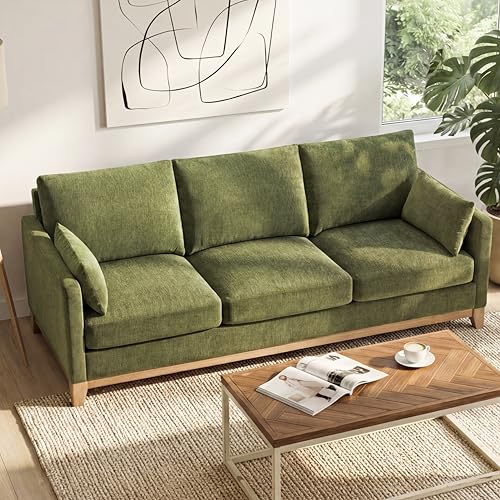 KISLOT 84" Modern Loveseat Sofa with Solid Wood Base for Living Room,3 Seater Deep Seat Modular Sofa Couch,Chenille Fabric,Spring Cushions, Easy Assembly for Small Spaces,Green