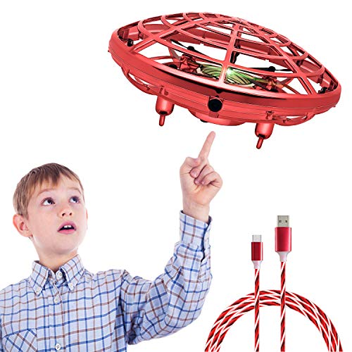 Hand Operated Drones for Kids or Adult Mini Drone with Shinning LED Lights UFO Flying Ball Toy Gifts for Boys and Girls Motion Sensor Helicopter Outdoor and Indoor (Red with flowing cable)