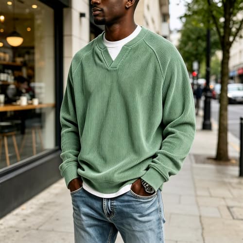 Corduroy Shirt Men Long Sleeve Layered Top V Neck Pullover - image 2