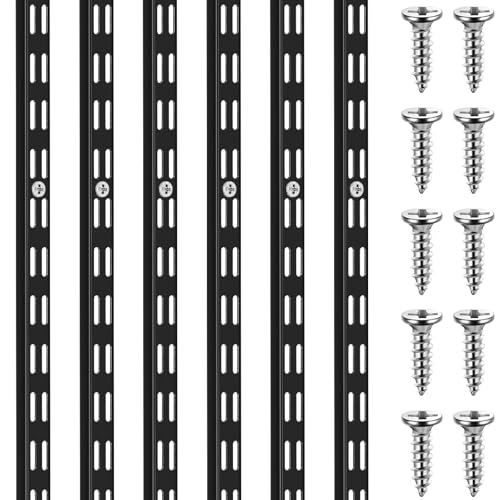 6 Pcs Dual Track Upright Wall Shelving System Heavy Duty Support System Twin Slot Shelf Rail Shelf Standards for Pantries Linen Closets Laundry Rooms(Black,47.5 Inch)
