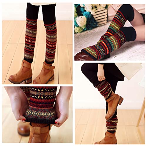 PHOGARY 2 Pairs Winter Leg Warmers for Women, Bohemian Style Crochet Knitted Boot Socks for Girls High Leg Warmers Boot Topper Socks Leg Cuffs Gift for Girls (Black+Navy)4