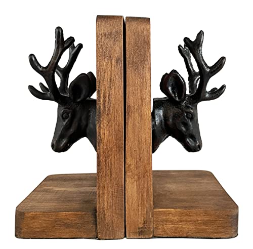 Vintage Cast Iron Deer Head & Antlers Design Decorative Elk Bookends For Shelves, Buck Book Holders, Reindeer Book Organizer, L-Shaped Wooden Desk Organizer, Heavy Duty Non-Skid Bookends (1 Pair) #TOP2