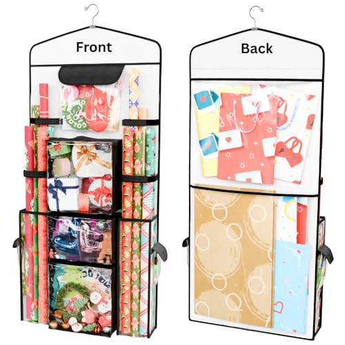 ProPik Hanging Double-Sided Gift Wrap Organizer, Wrapping Paper Storage with Multiple Front and Back Pockets, Organize Your Gift Bags Bows Ribbons 40”X17