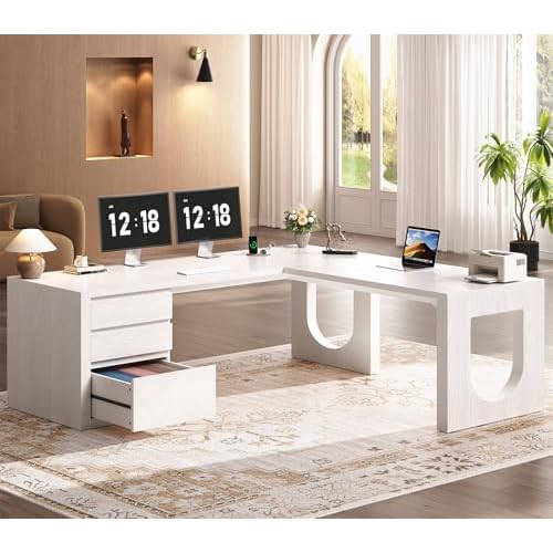 SEDETA 63" L Shaped Desk with 3 Drawers, Modern Executive Office Desk with File Drawer, Wood Corner Computer Desk with U-Shaped Legs & Relief Texture,