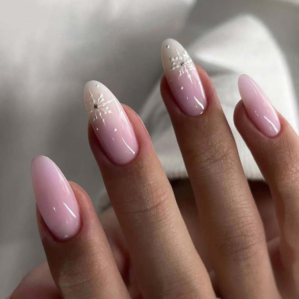 Press on Nails Pink Medium Snowflake Fake Nails Acrylic Glossy Gradient Amlond Bling False Nail Tips Artificial Finger Manicure for Women and Girls 24pcs