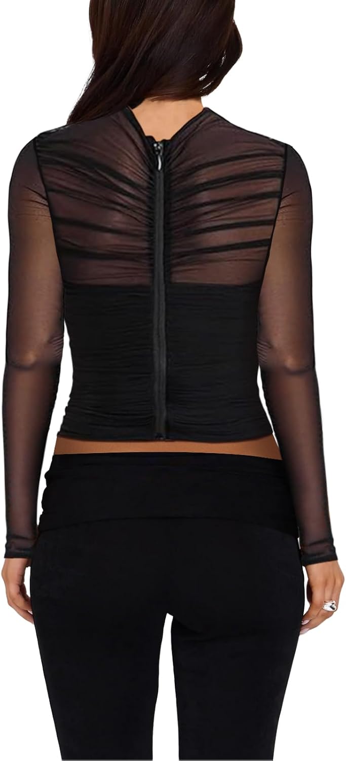 Womens Mock Neck Mesh Sheer Tops - Long Sleeve Sexy Layering See Through T-Shirts Going Out Top - Image 3